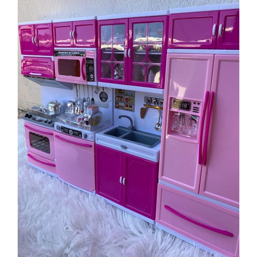 Cozinha Rosa Infantil Kit Geladeira Fogão Armários Micro Ondas e Utensílios Menina Encantada | Shopee Brasil