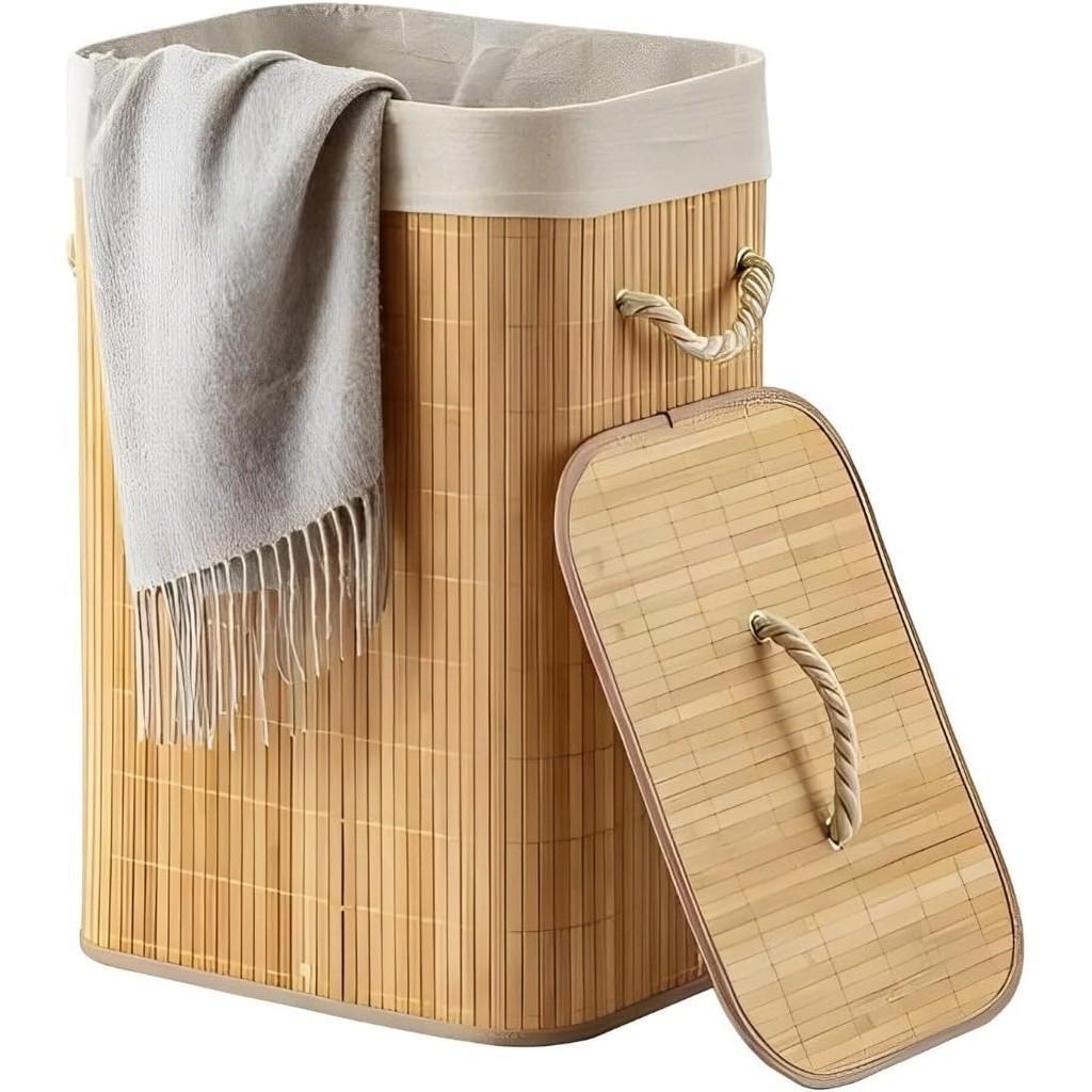 Cesto De Roupa Suja Bambu Dobravel Organizador Forrado Banheiro 60cm Grande Cesto Retangular | Shopee Brasil