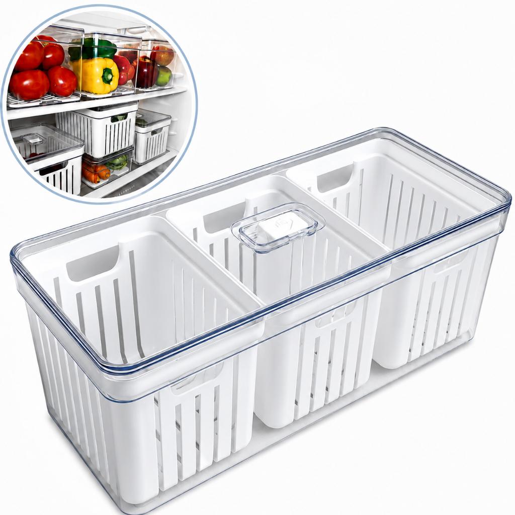 Organizador de Geladeira Grande Transparente 6,8L com 3 Cestos de Drenagem e Tampa | Shopee Brasil